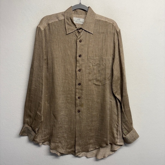 AT Anthony Tarassi 100% Linen Brown  Tan Button Down Shirt Woven Back Detail - Picture 1 of 9